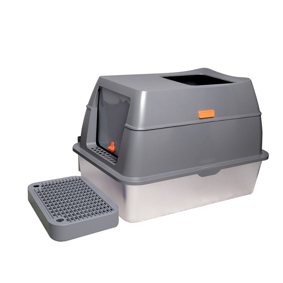 65L Big Cat Stainless Steel Litter Box With Lid High Wall With Triple Pedal Gray