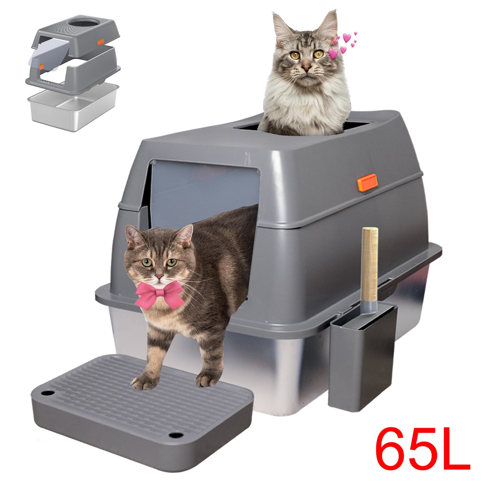 65L Big Cat Stainless Steel Litter Box With Lid High Wall With Triple Pedal Gray