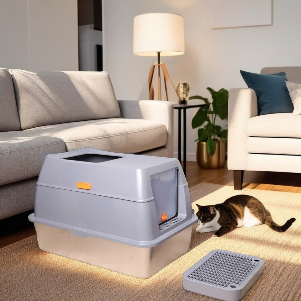 65L Big Cat Stainless Steel Litter Box With Lid High Wall With Triple Pedal Gray