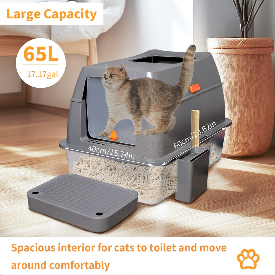 65L Big Cat Stainless Steel Litter Box With Lid High Wall With Triple Pedal Gray