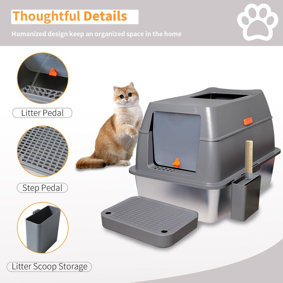 65L Big Cat Stainless Steel Litter Box With Lid High Wall With Triple Pedal Gray