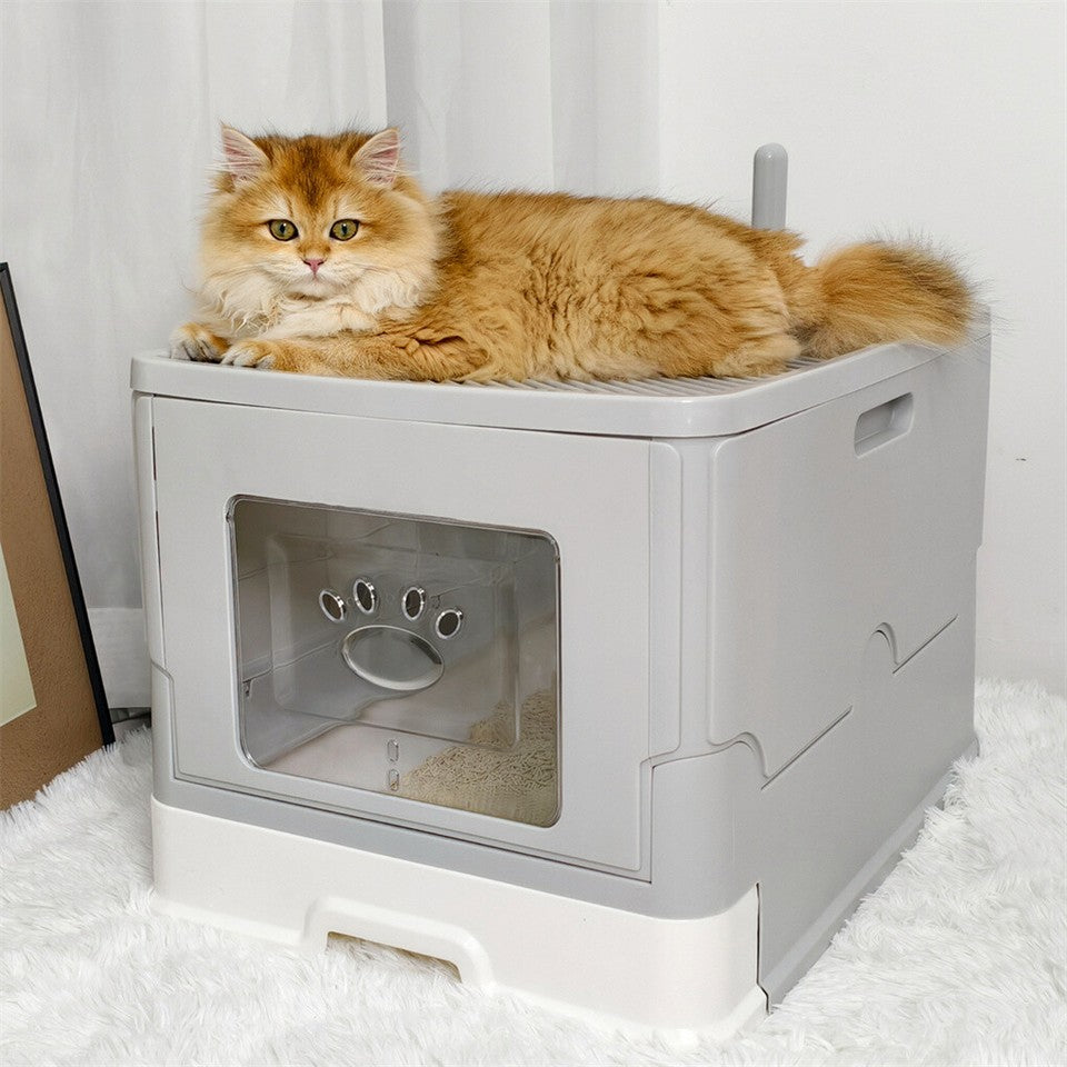 Large Enclosed Cat Litter Box Foldable Cat Kitten Toilet Box with Slide-Out Tray