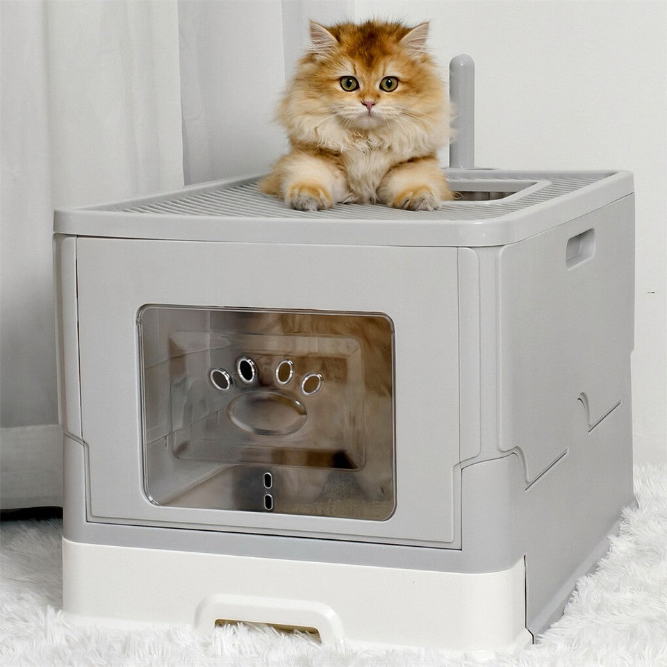 Large Enclosed Cat Litter Box Foldable Cat Kitten Toilet Box with Slide-Out Tray