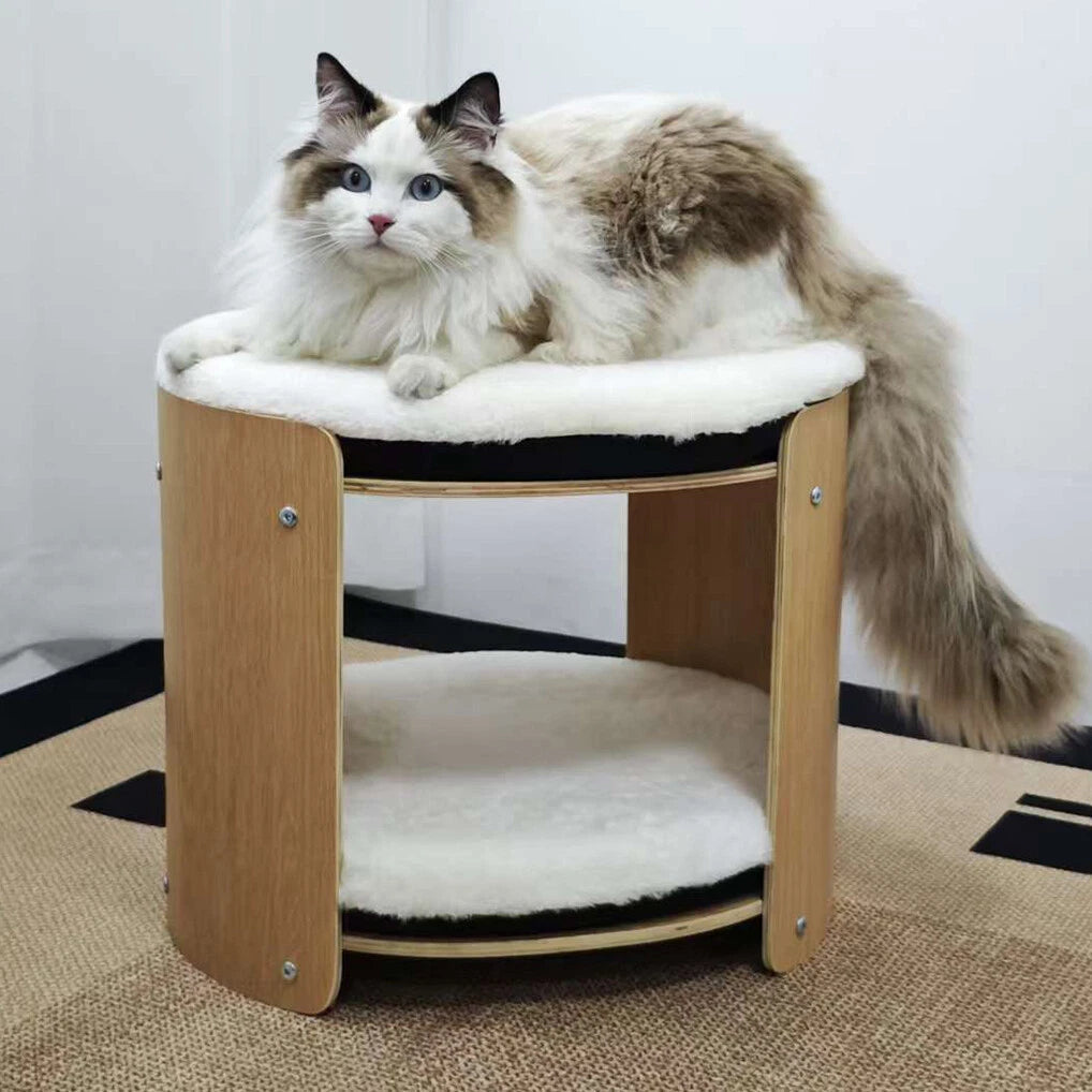 Natural Wood Cat Bunk Bed with Cushioned Two Tiers for Stylish Pet Comfort