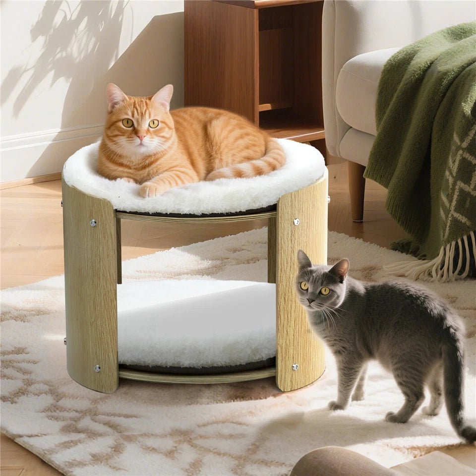 Natural Wood Cat Bunk Bed with Cushioned Two Tiers for Stylish Pet Comfort