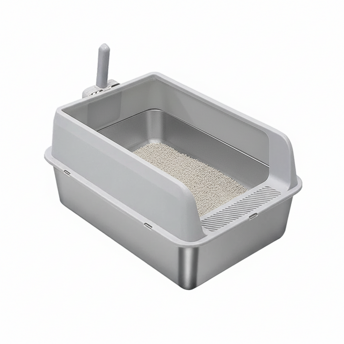 P&amp;P Grey Silver Stainless Steel Cat Litter Box with High Sides, Open Top and Scoop