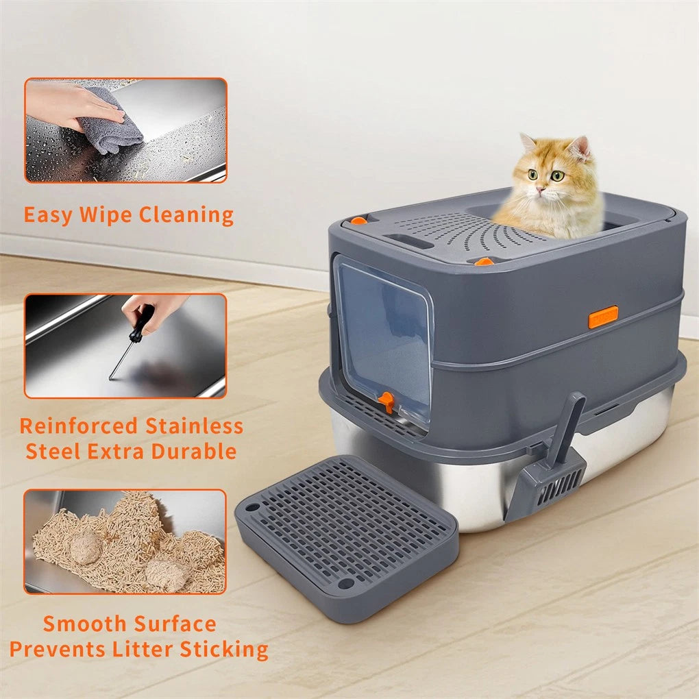 P&P Jumbo Stainless Steel Cat Litter Box for Multi-Cats Large Toilet Box with Removable Lid