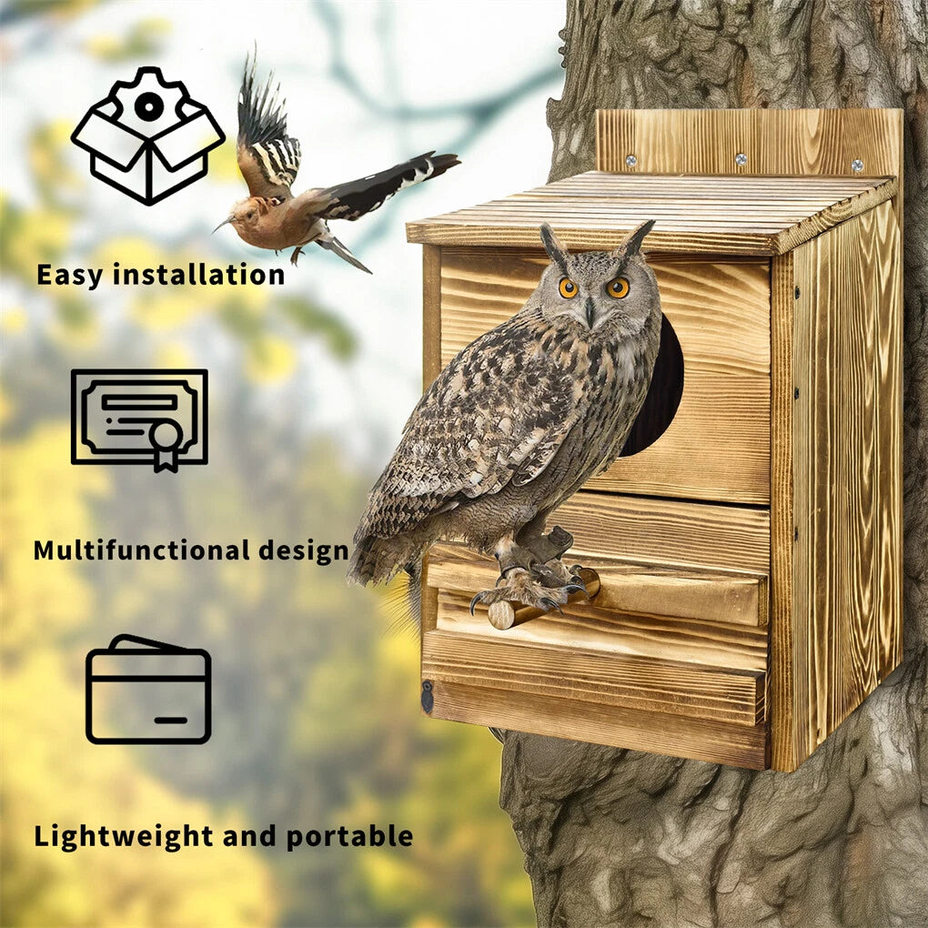 Large Wooden Screech Owl House Nesting Box with Perch - Outdoor Birdhouse for Garden Trees
