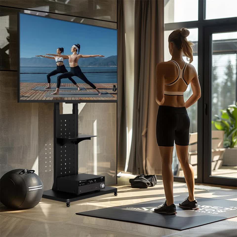 Heavy Duty Tv Floor Stand On Wheels 32''-65'' Rolling Tv Cart Height Adjustable