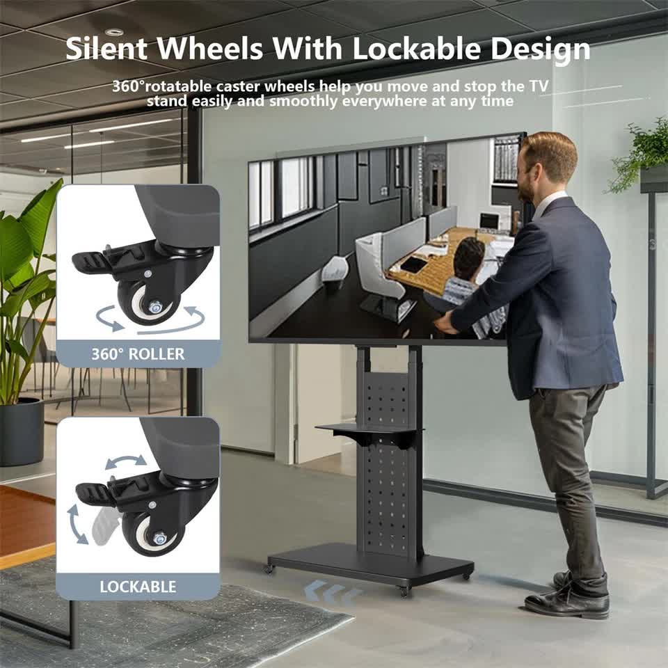 Heavy Duty Tv Floor Stand On Wheels 32''-65'' Rolling Tv Cart Height Adjustable