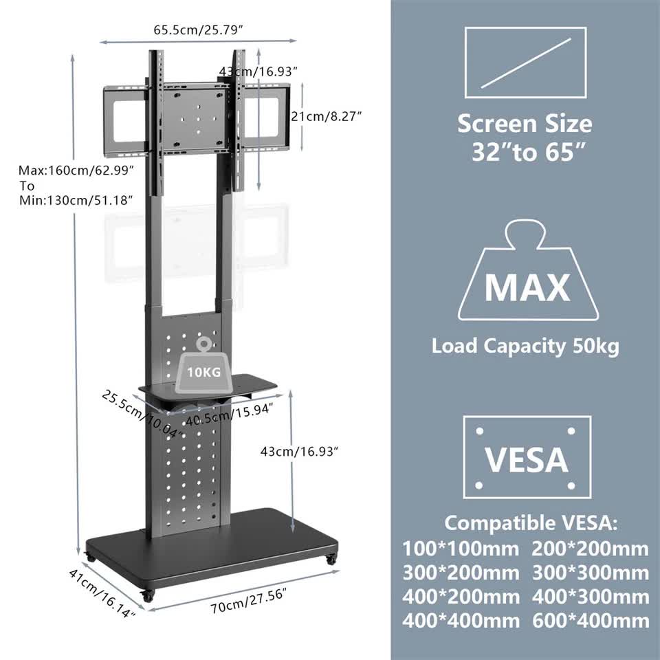 Heavy Duty Tv Floor Stand On Wheels 32''-65'' Rolling Tv Cart Height Adjustable