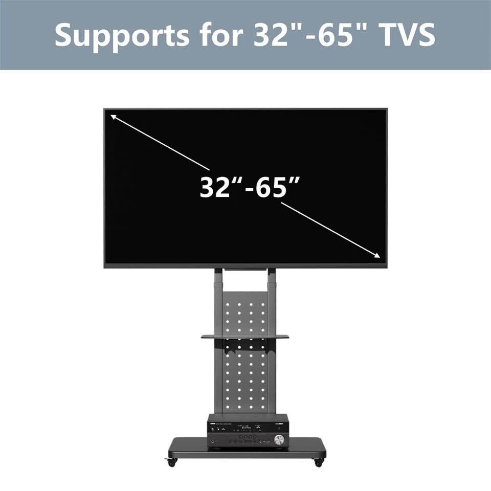 Heavy Duty Tv Floor Stand On Wheels 32''-65'' Rolling Tv Cart Height Adjustable