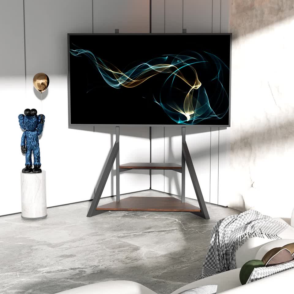 2 Tiers Rustic Wood Shelves Heavy Duty Universal Tv Floor Stand For 32-75 Inches