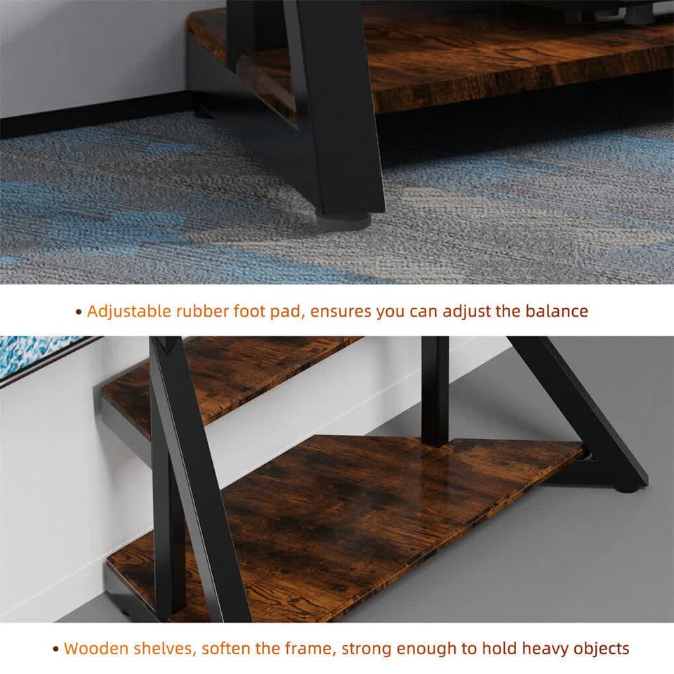 2 Tiers Rustic Wood Shelves Heavy Duty Universal Tv Floor Stand For 32-75 Inches