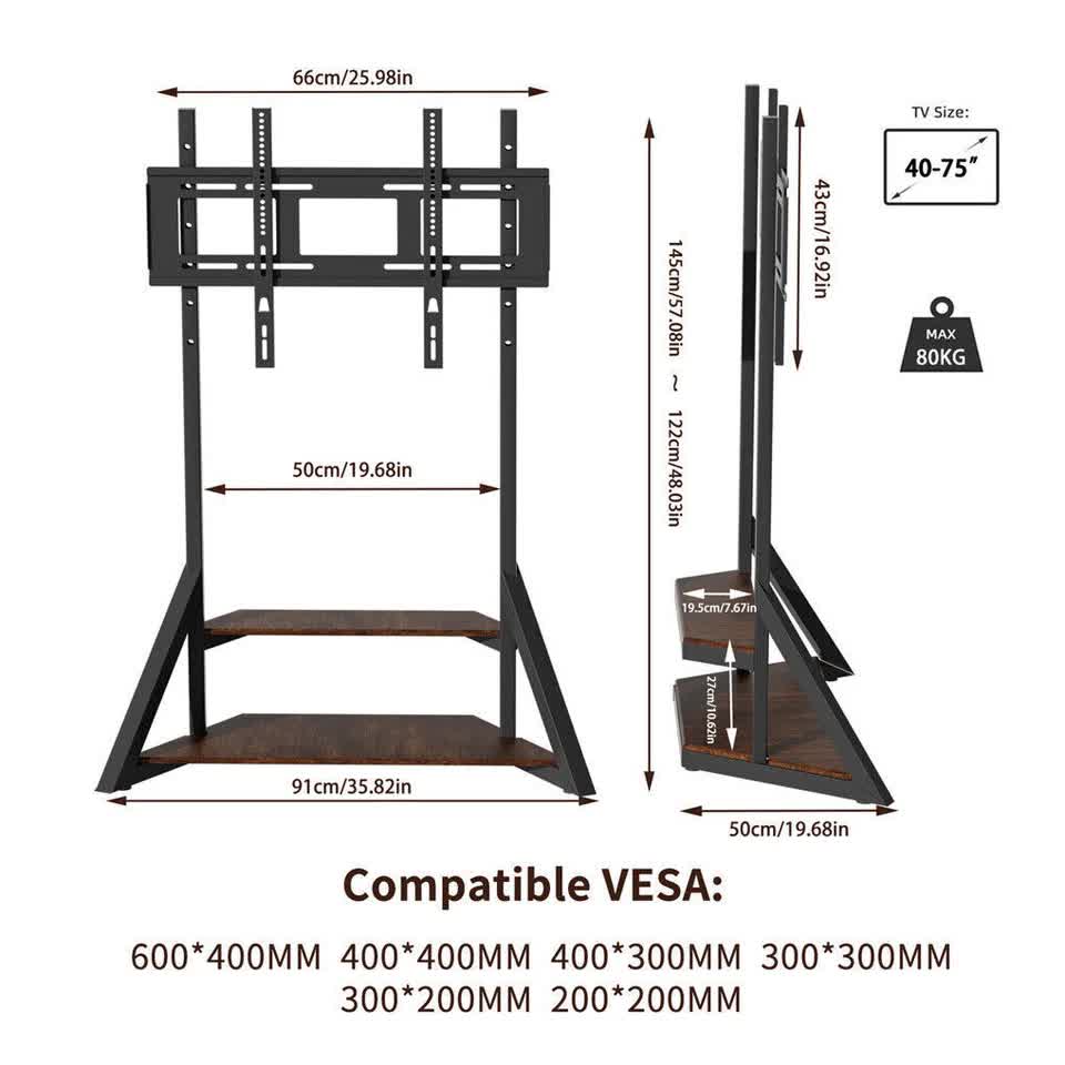 2 Tiers Rustic Wood Shelves Heavy Duty Universal Tv Floor Stand For 32-75 Inches