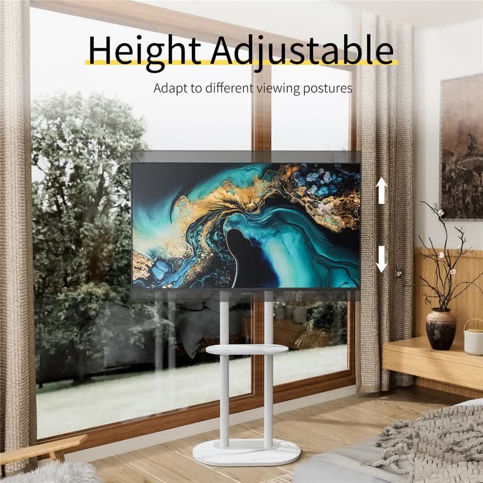 38-75" Heavy Duty Floor Tv Stand W/ Marble Shelf Adjustable Height Mount Bracket