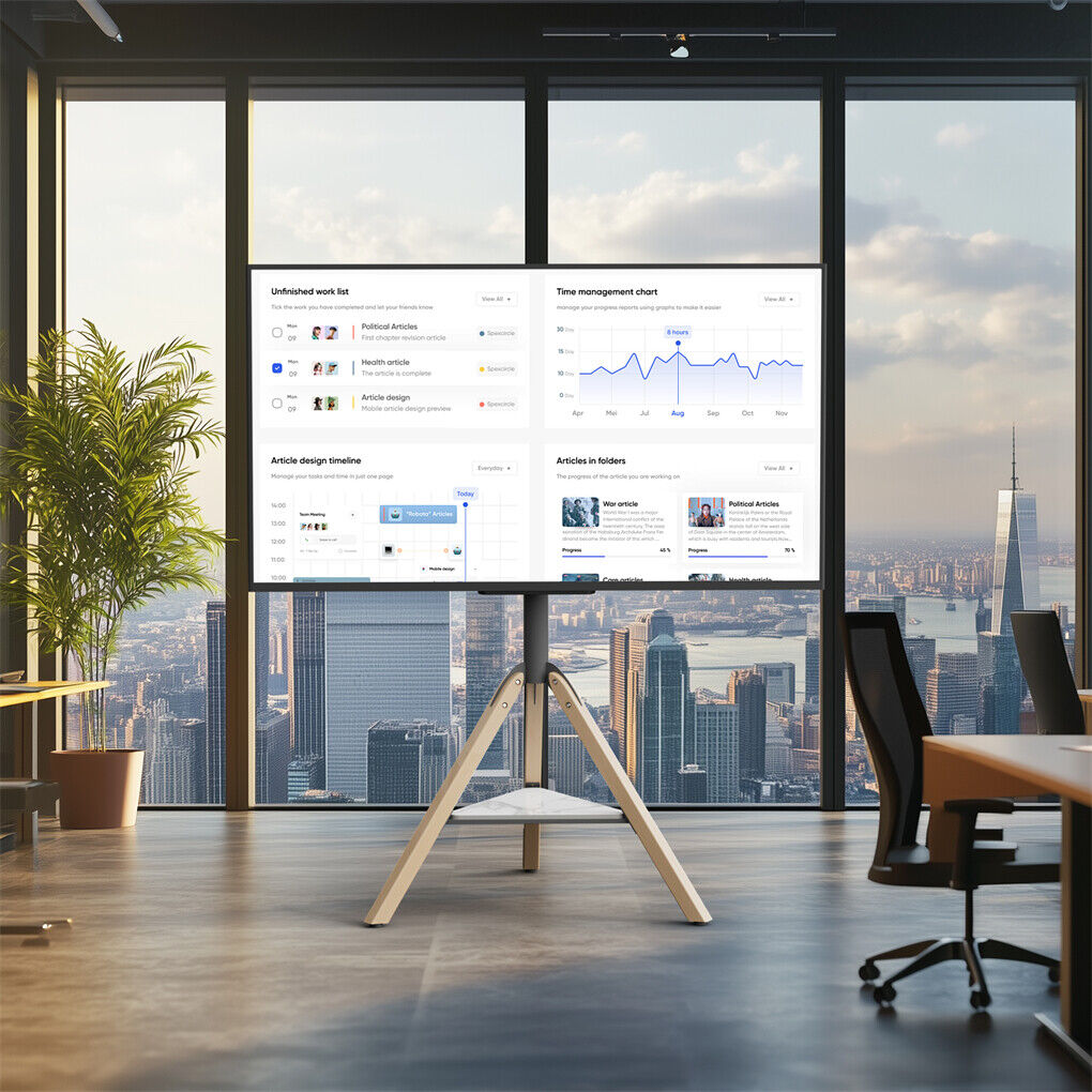 FIN 32-75 Inch Swivel Tripod TV Stand Stable Wooden Legs TV Mount with Marble Shelf