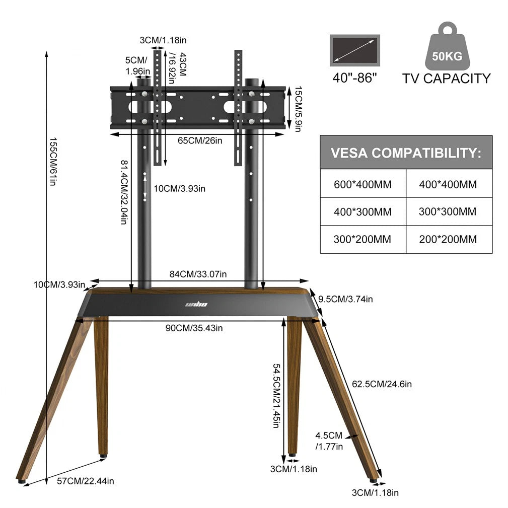 40-86 Inch Large Modern TV Floor Stand Mount - Height Adjustable LED LCD OLED Display Bracket with Trapezoidal Frame