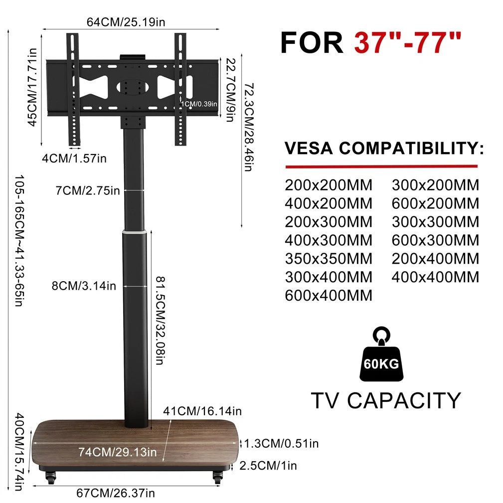 37-75 Inch Electric Height Adjustable Rolling TV Stand - Motorized Floor Mount with Remote Control, Shelf & Lockable Wheels