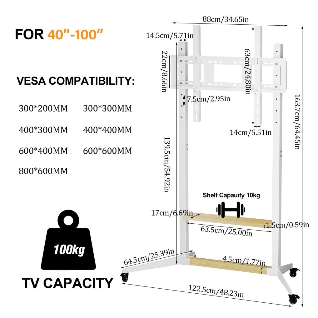 Height Adjustable Steel TV Stand on Wheels - Heavy Duty Mobile Floor Mount Cart for 40ï¿½100 Inch TVs, 100kg Capacity