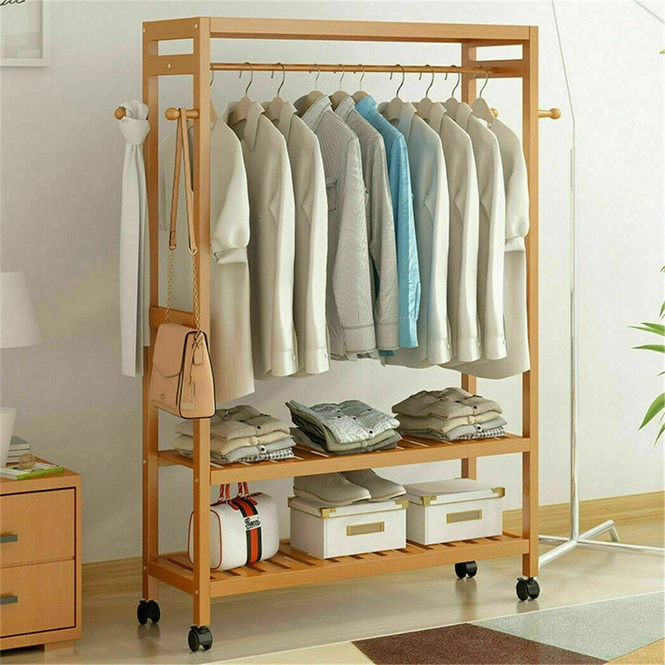 XXL Wooden Clothes Rail Coat Rack with Wheels – Open Wardrobe Organizer