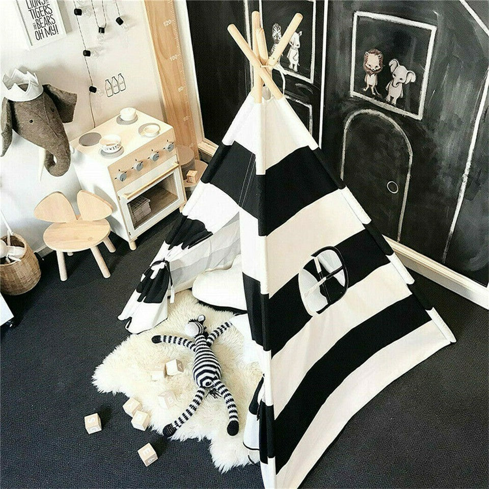 Kids Teepee Tent Black and White Stripe Children Play House for Indoor & Garden