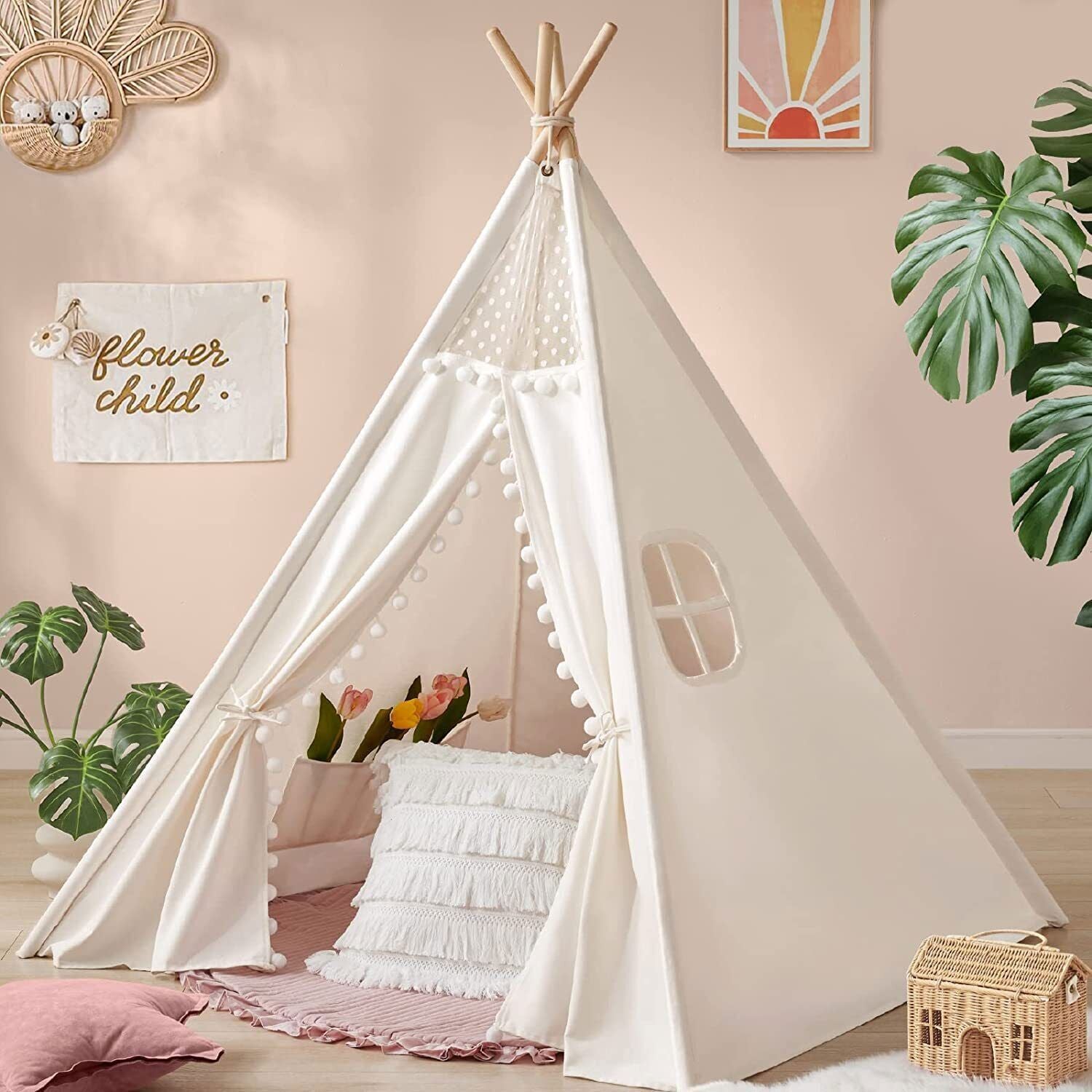 Xxl Kids Play Teepee Tent Indoor Boho Tent Foldable Tipi With Window/Pompom/Mat