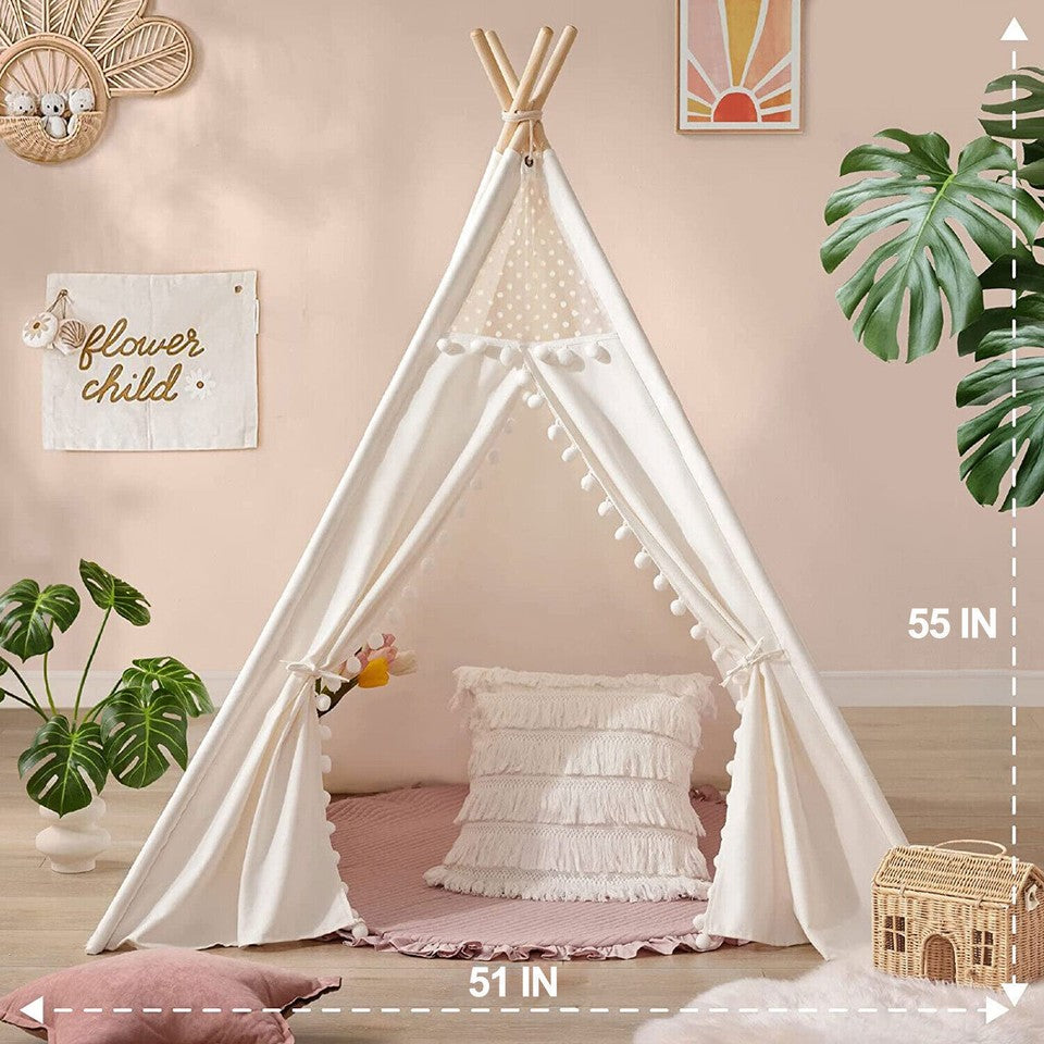 Xxl Kids Play Teepee Tent Indoor Boho Tent Foldable Tipi With Window/Pompom/Mat