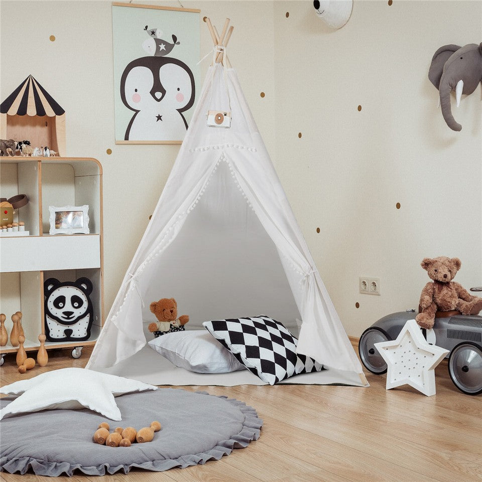 Xxl Kids Play Teepee Tent Indoor Boho Tent Foldable Tipi With Window/Pompom/Mat