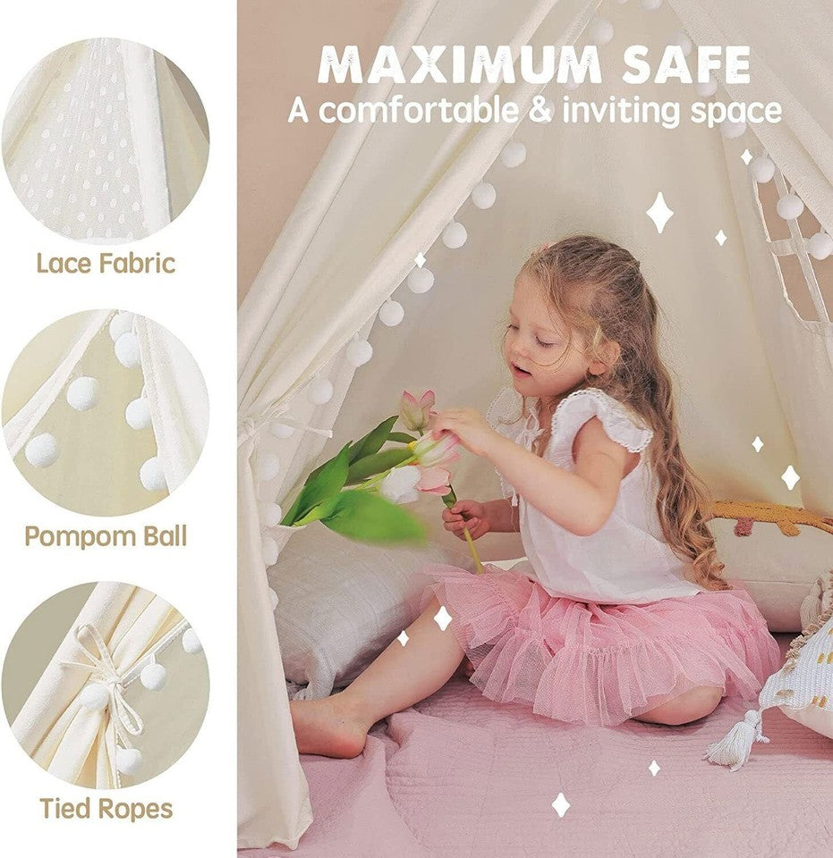 Xxl Kids Play Teepee Tent Indoor Boho Tent Foldable Tipi With Window/Pompom/Mat