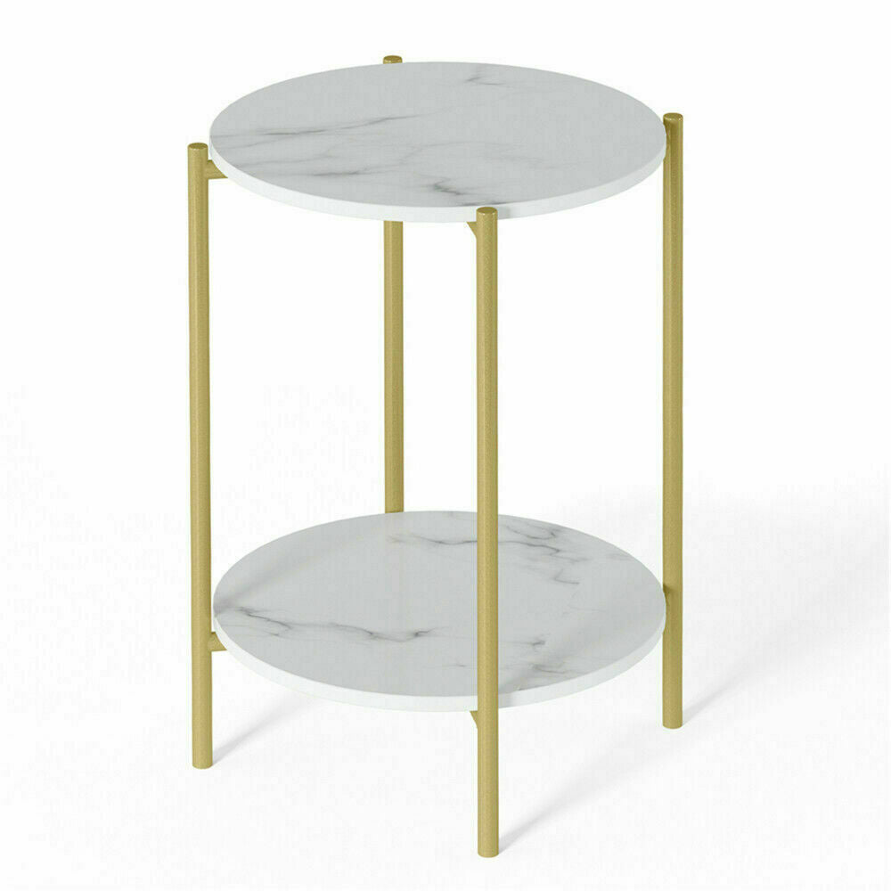 e Store - Marble Sofa Side End Table/Coffee Table with Shelf & Gold Iron Legs
