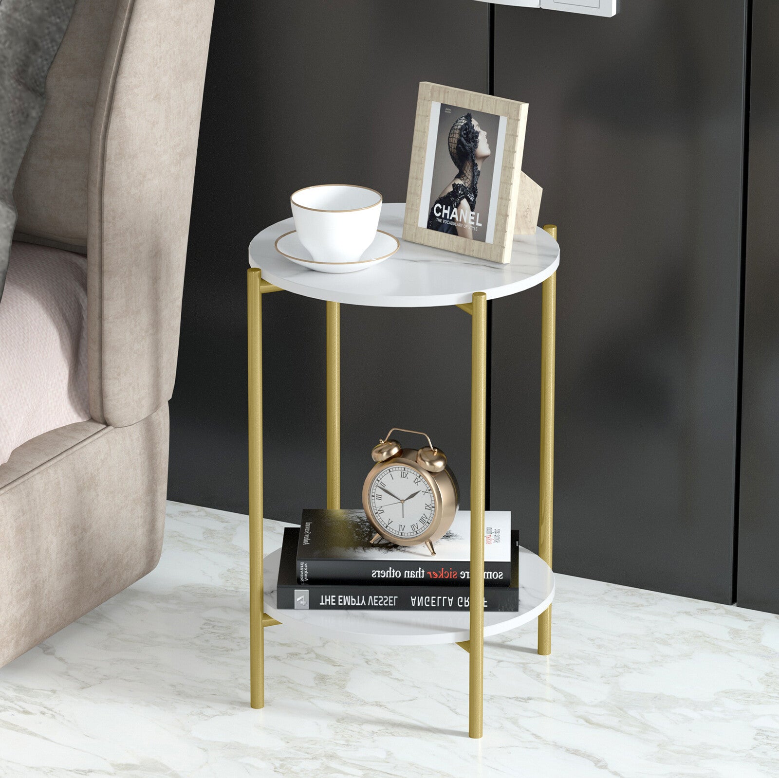 e Store - Marble Sofa Side End Table/Coffee Table with Shelf & Gold Iron Legs