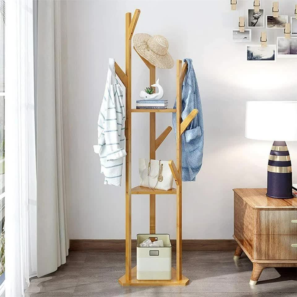 Wooden Coat and Hat Stand with 10 Hooks – Floor Standing Clothes and Umbrella Rack