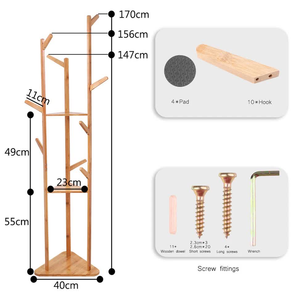 Wooden Coat and Hat Stand with 10 Hooks – Floor Standing Clothes and Umbrella Rack
