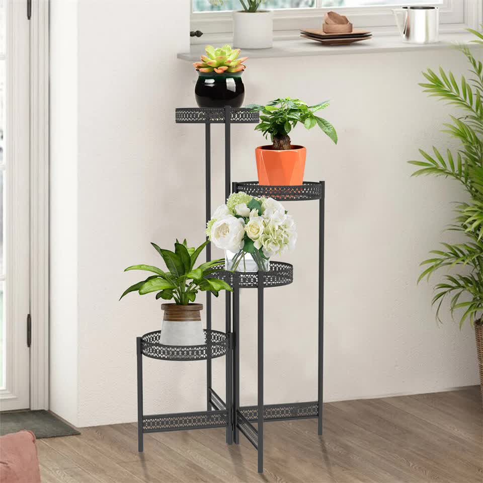 4Tier Foldable Corner Tall Plant Stand Metal Flower Display Rack Indoor Outdoor