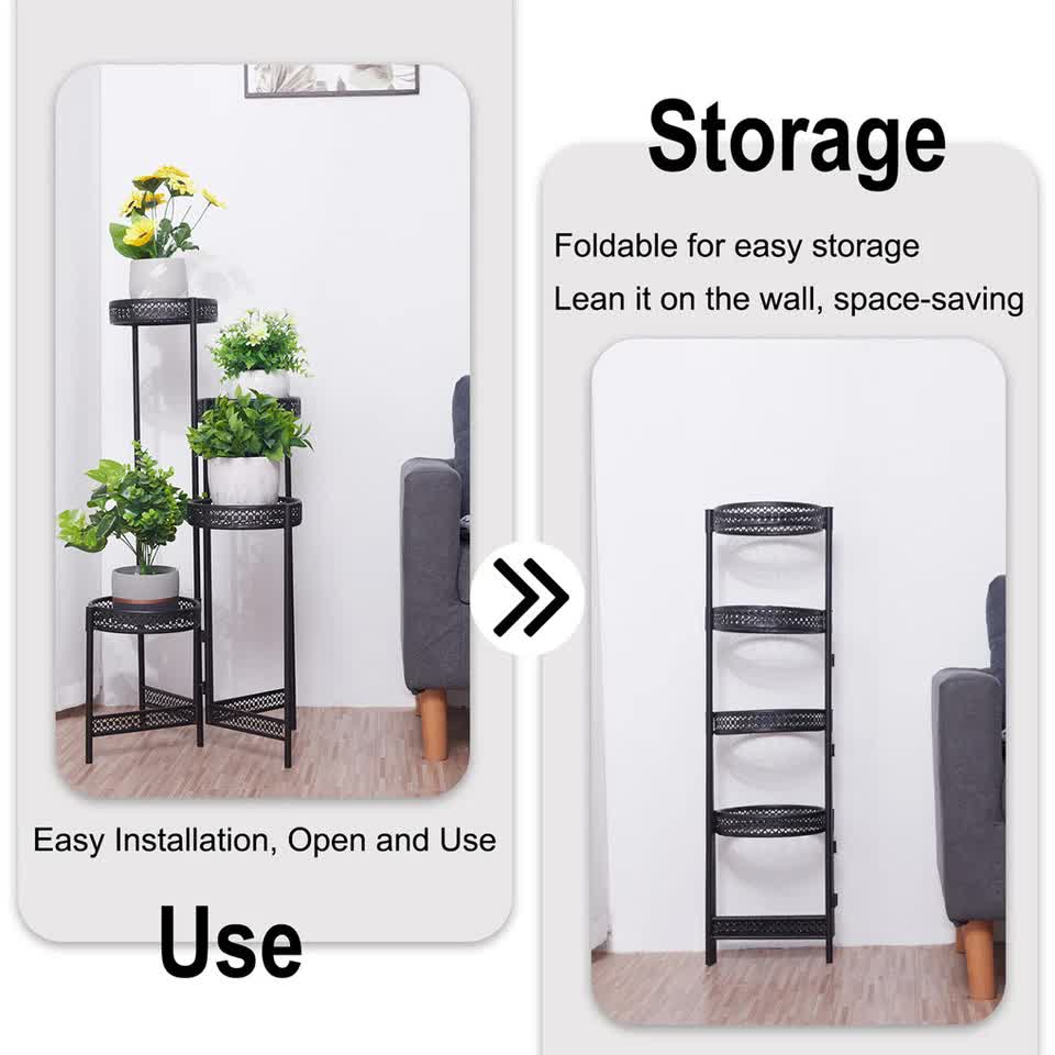 4Tier Foldable Corner Tall Plant Stand Metal Flower Display Rack Indoor Outdoor