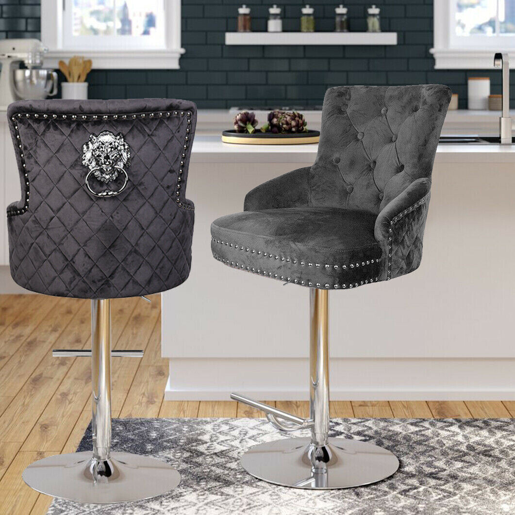 Luxury Black Velvet Swivel Bar Stool With Lion Knocker &amp; Cross Stitch High Back