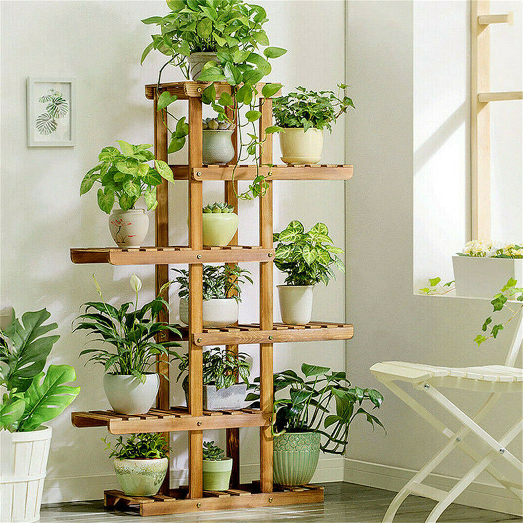 Fin Xxl Carbonized Wood Plant Stand 11 Pots Bonsai Display Shelf Flower Rack Corner
