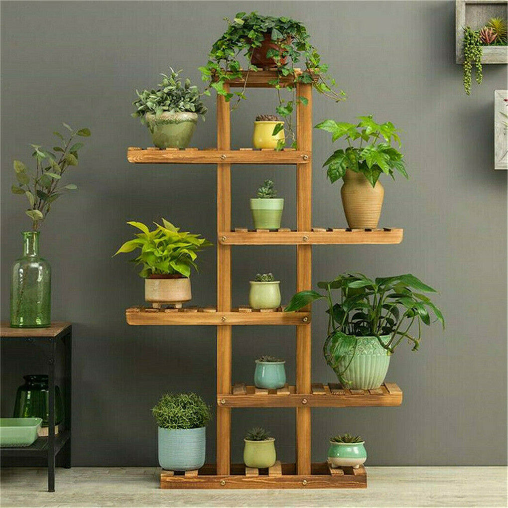 Fin Xxl Carbonized Wood Plant Stand 11 Pots Bonsai Display Shelf Flower Rack Corner