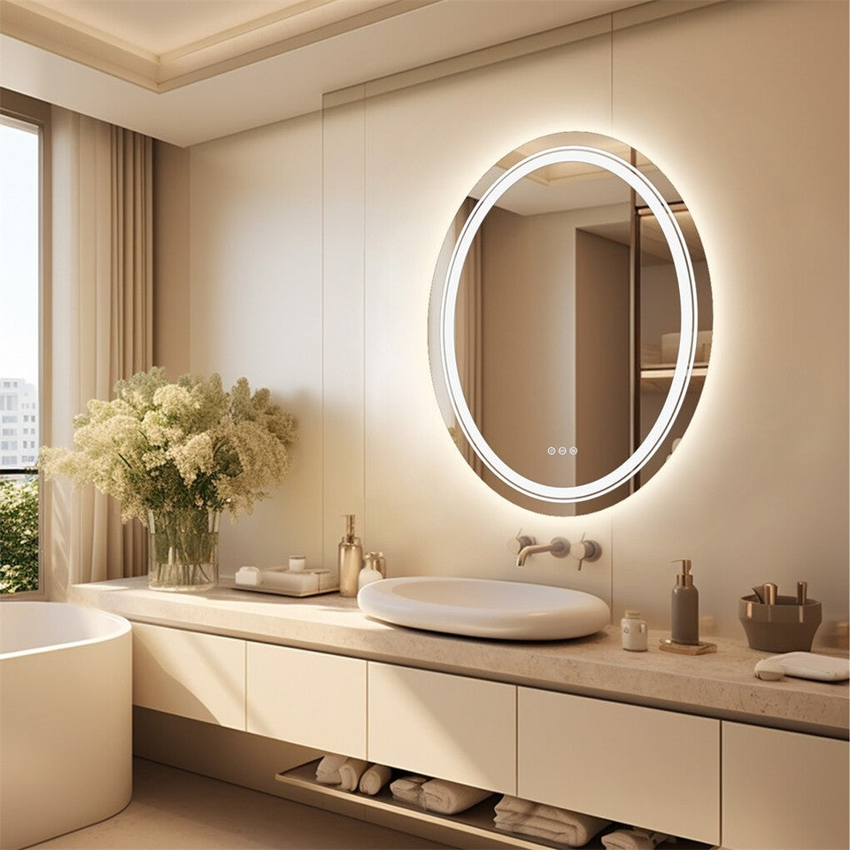 80CM Oval Backlit+Front LED Bathroom Mirror Dimmable Shatter-Proof Vanity Mirror