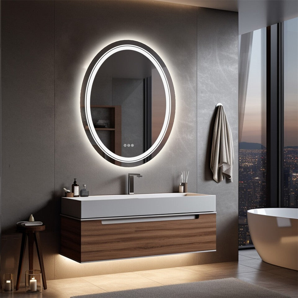 80CM Oval Backlit+Front LED Bathroom Mirror Dimmable Shatter-Proof Vanity Mirror