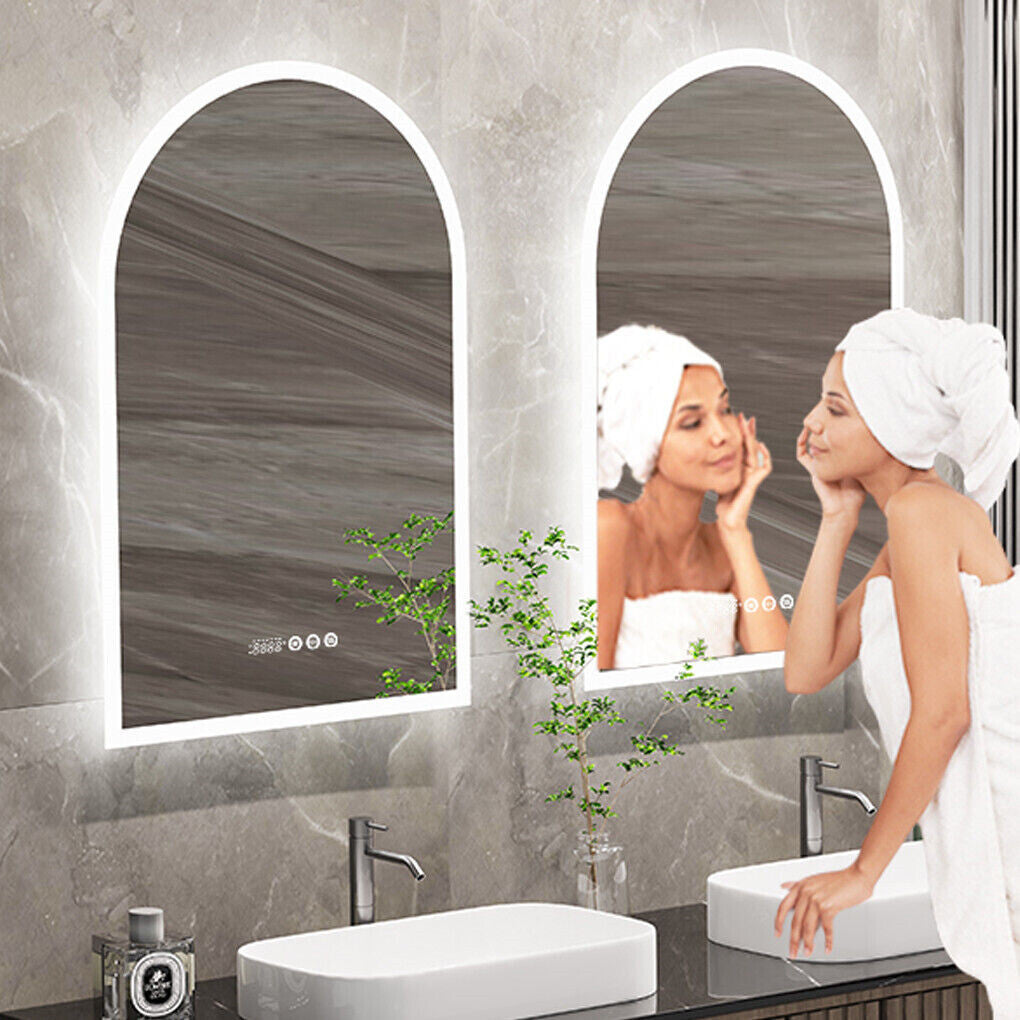 Arch Dimmable Led Bathroom Vanity Mirror w Antifog Temperature Date Time Display
