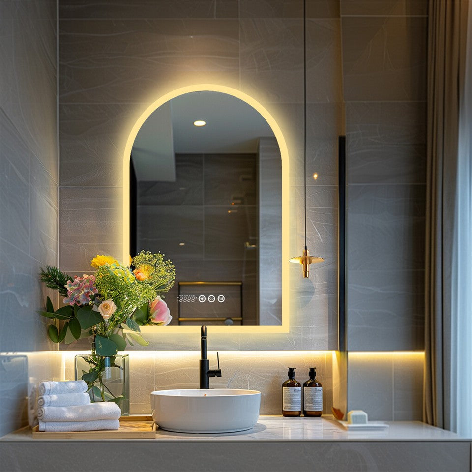 Arch Dimmable Led Bathroom Vanity Mirror w Antifog Temperature Date Time Display
