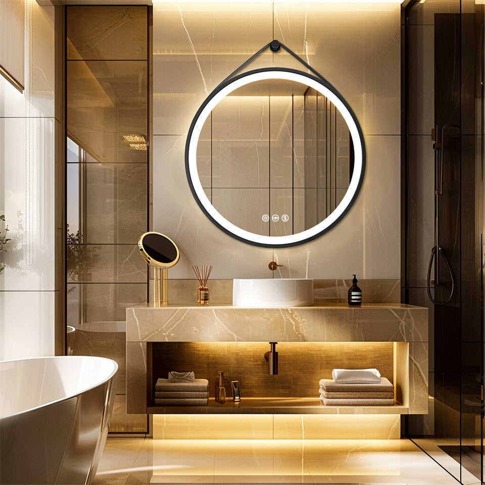 Round LED Bathroom Mirror with Anti-Fog &amp; Black Frame