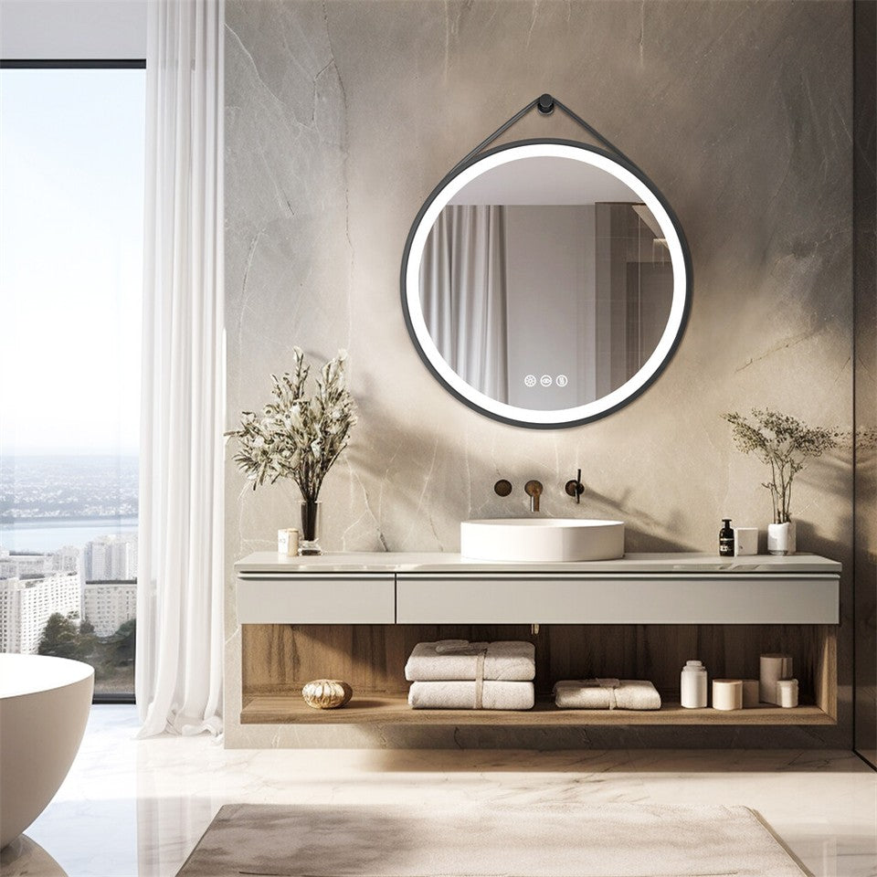 Round LED Bathroom Mirror with Anti-Fog & Black Frame
