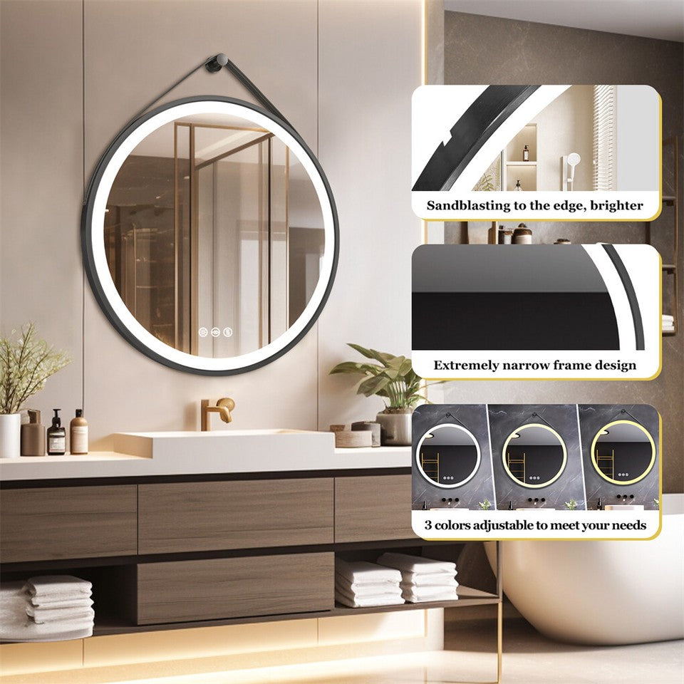 Round LED Bathroom Mirror with Anti-Fog & Black Frame
