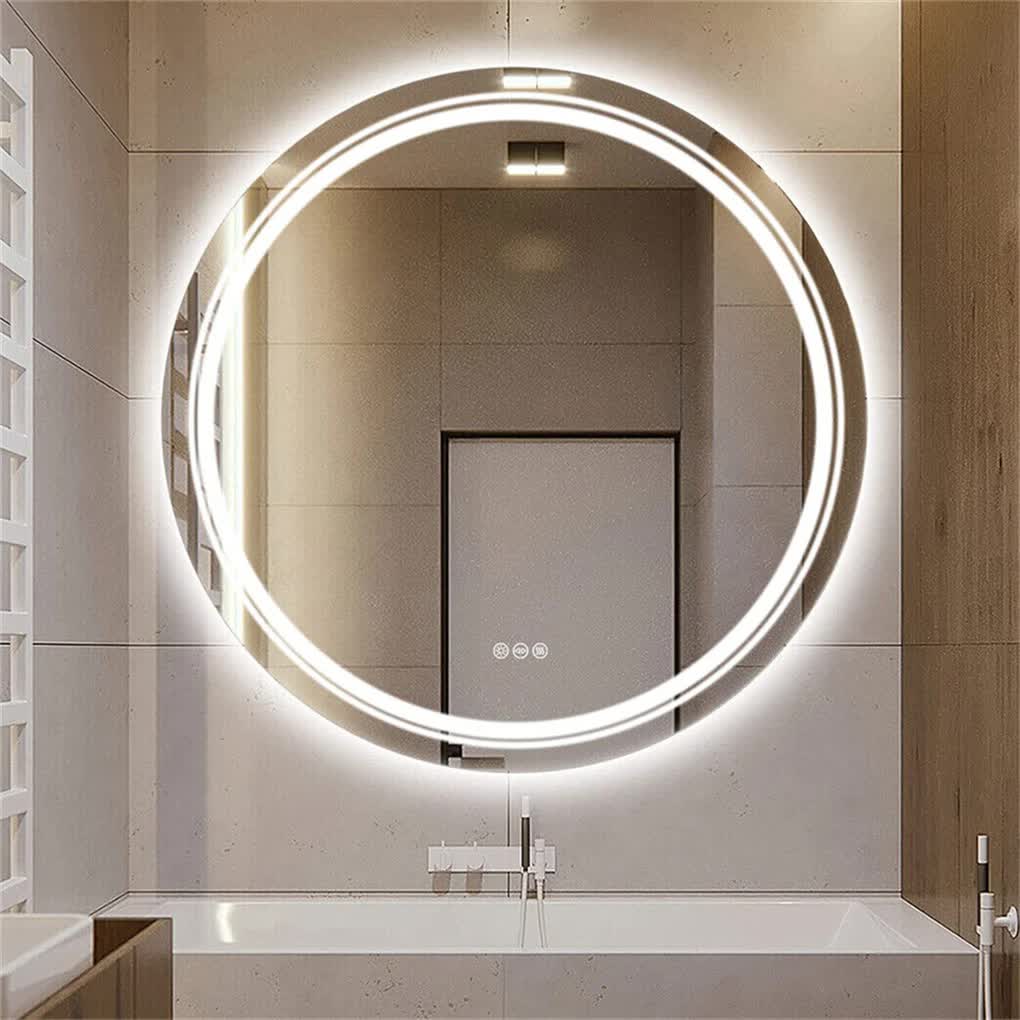P&amp;P Silver Mirror With White Frame Round LED Bathroom Mirror
