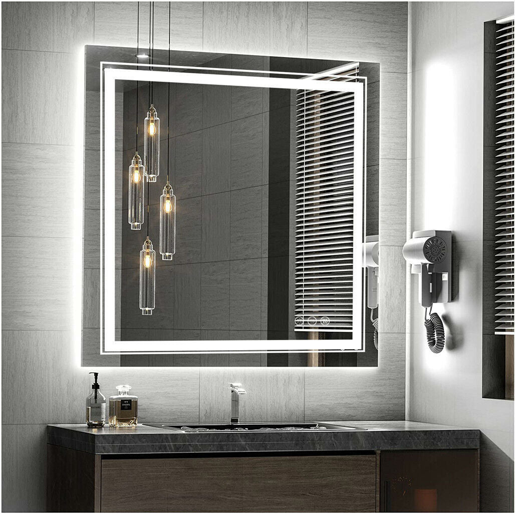 Fin Large Square Wall Mount Smart Led Bathroom Mirror Anti Fog Backlit Vanity Mirror
