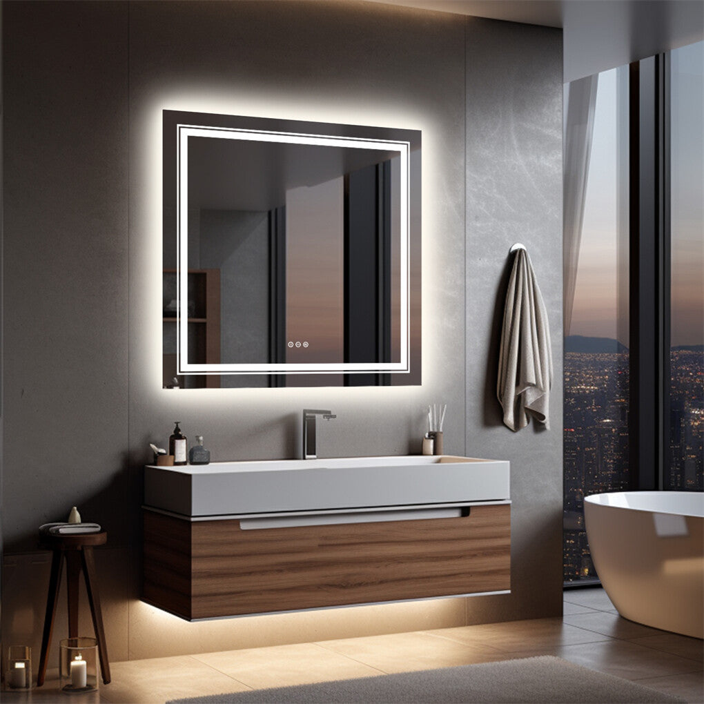 Fin Large Square Wall Mount Smart Led Bathroom Mirror Anti Fog Backlit Vanity Mirror