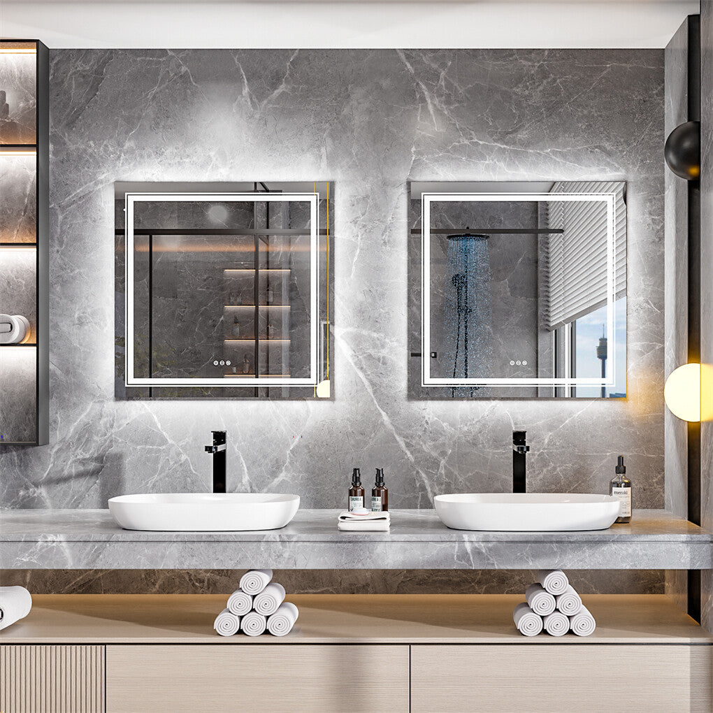 Fin Large Square Wall Mount Smart Led Bathroom Mirror Anti Fog Backlit Vanity Mirror